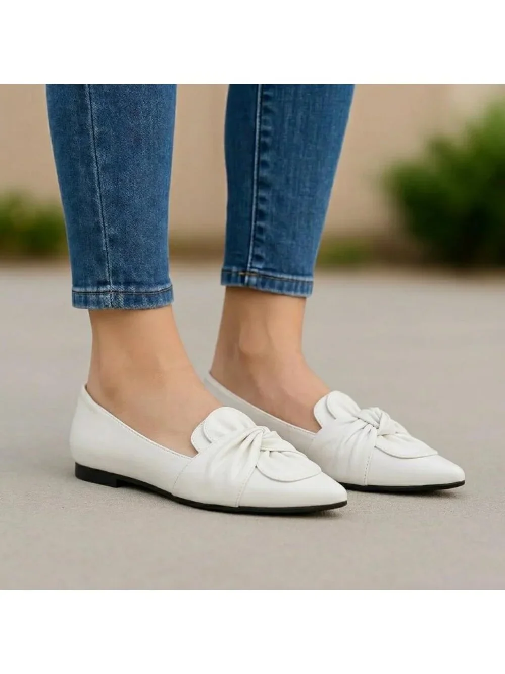 Women's White Soft PU Leather Pointed Toe Ballet Flat Non-Slip Rubber Sole Shoes